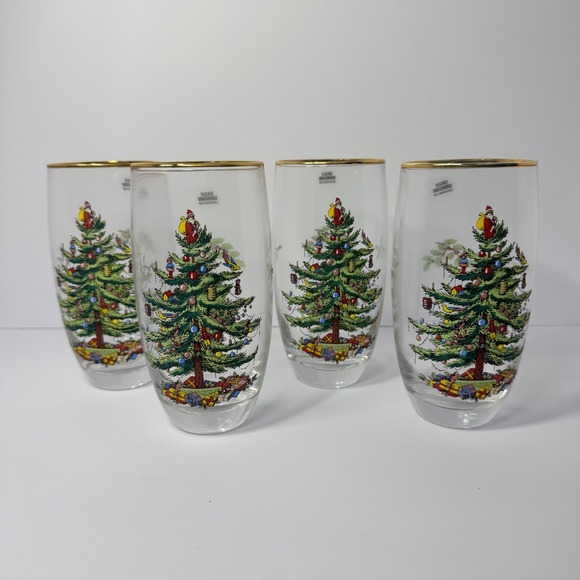 Spode Other - Spode Christmas Tree 6" Holiday Glass Tumblers 16oz Gold Rim Set of 4 with Box‎